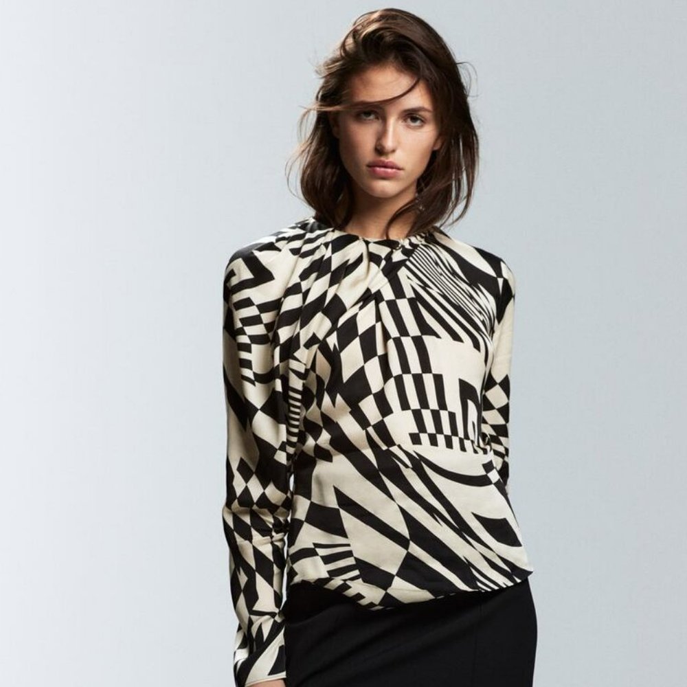 Zara Silky Long Sleeve Origami Neckline Blouse